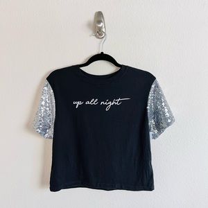 NWT Black Up All Night Silver Sequin Embellished Sleeve Graphic Tee T-Shirt